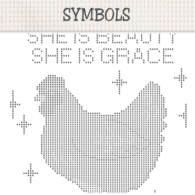 Puede incluir: Un patr&oacute;n de punto de cruz sobre tela blanca con el texto SYMBOLS en la parte superior, seguido de la frase SHE IS BEAUTY SHE IS GRACE. Debajo del texto hay una silueta de pollo pixelada rodeada de peque&ntilde;as estrellas de cuatro puntas.