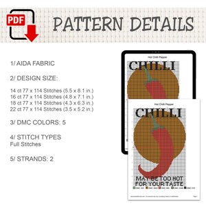 Pu&ograve; includere: Uno schema digitale a punto croce intitolato Pattern Details con un peperoncino rosso su un cerchio marrone. Il testo include 14 ct 14,0 x 20,6 cm, 16 ct 12,2 x 18,0 cm, 18 ct 10,9 x 16,0 cm, 22 ct 8,9 x 13,2 cm, 5 colori DMC e 2 fili.