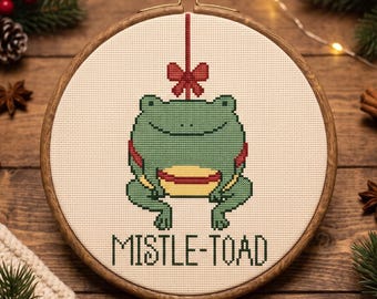 Mistle Toad Cross Stitch Pattern PDF, Funny Christmas Frog Needlepoint Chart, Instant Download