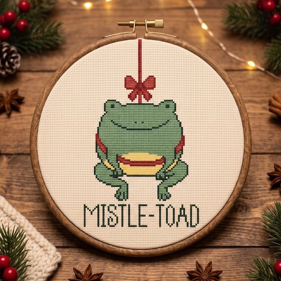 Mistle Toad Cross Stitch Pattern PDF, Funny Christmas Frog Needlepoint Chart, Instant Download