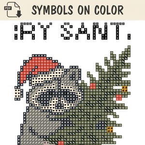 May include: A digital cross-stitch pattern titled SYMBOLS ON COLOR featuring a raccoon wearing a red and white Santa hat while holding a green Christmas tree. The design uses a grid of squares with various symbols and the number 3 to indicate colours.