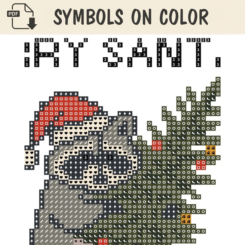 May include: A digital cross-stitch pattern titled SYMBOLS ON COLOR featuring a raccoon wearing a red and white Santa hat while holding a green Christmas tree. The design uses a grid of squares with various symbols and the number 3 to indicate colours.
