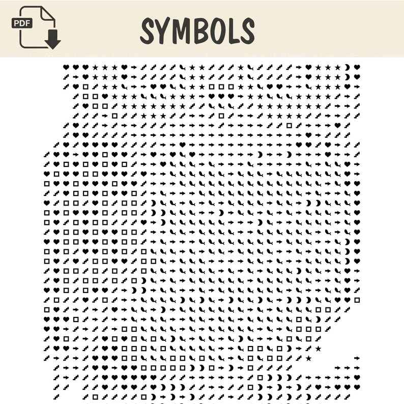 May include: A digital document titled SYMBOLS featuring a grid of black icons on a white background. The icons include hearts, stars, arrows, squares, crescent moons, and stair-step patterns arranged in rows and columns for reference.