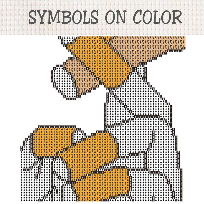 Pu&ograve; includere: Uno schema a punto croce intitolato SYMBOLS ON COLOR che presenta una griglia di simboli a forma di diamante nero e il numero 1 su sfondo bianco, intervallato da blocchi di colore arancione pieno riempiti con il numero 6.
