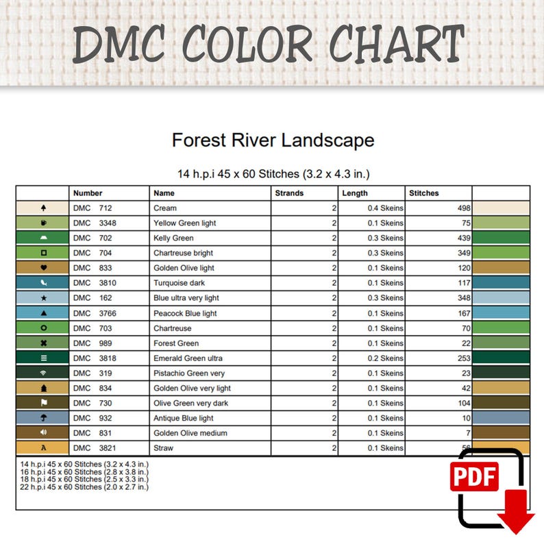 May include: A DMC color chart for a Forest River Landscape cross-stitch pattern. The table lists thread numbers, names, strand counts, skein lengths, and stitch counts. It includes dimensions for 14, 16, 18, and 22 h.p.i. with a PDF icon.