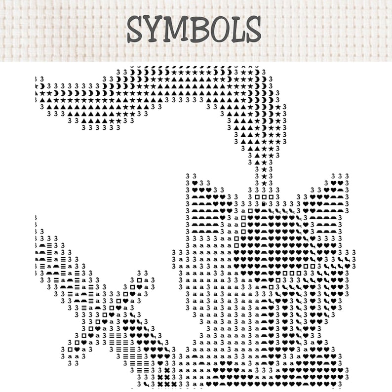 Op de afbeelding: Een kruissteekpatroon met de titel SYMBOLS, voorzien van een zwart-wit raster. Het ontwerp toont een silhouet van een kat dat is samengesteld uit diverse symbolen, waaronder sterren, manen, hartjes, driehoeken, vierkantjes en het cijfer 3.