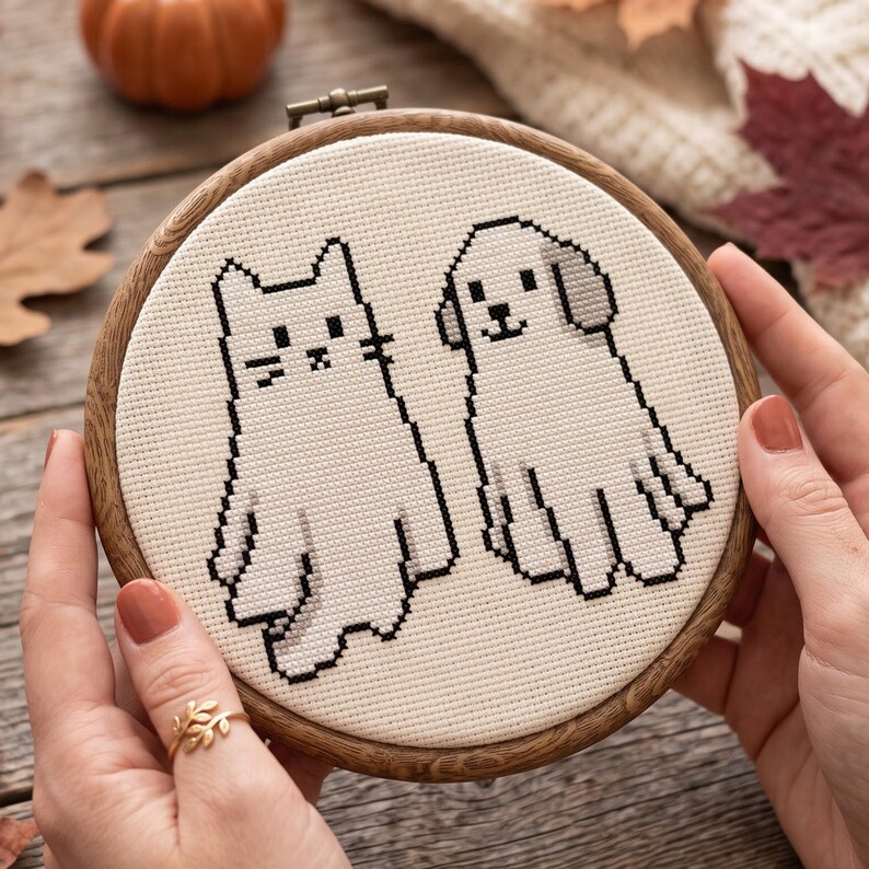 Puede incluir: Un bastidor de bordado circular de madera que contiene un patr&oacute;n de punto de cruz sobre tela color crema. El dise&ntilde;o presenta dos animales blancos de estilo pixel art, un gato y un perro, delineados en hilo negro con sombras grises.