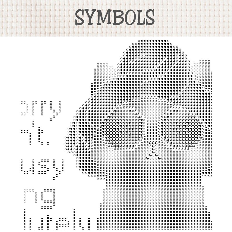 May include: A black and white cross stitch pattern chart featuring the word SYMBOLS at the top. The design consists of a grid filled with various black geometric symbols, including triangles, circles, and squares, arranged to form a specific shape.