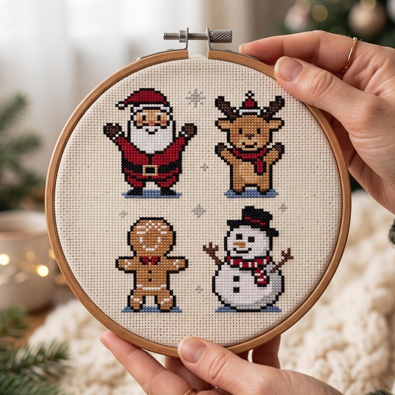 May include: A round wooden embroidery hoop containing a cross-stitch pattern on white fabric. The design features four Christmas characters: a Santa Claus in a red suit, a brown reindeer with a red scarf, a gingerbread man, and a white snowman.