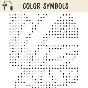 May include: A digital PDF document titled COLOR SYMBOLS featuring a grid pattern. The design consists of dark blue arrow icons and light gray wavy line symbols arranged to form a shape, with four small green square outlines near the top right.