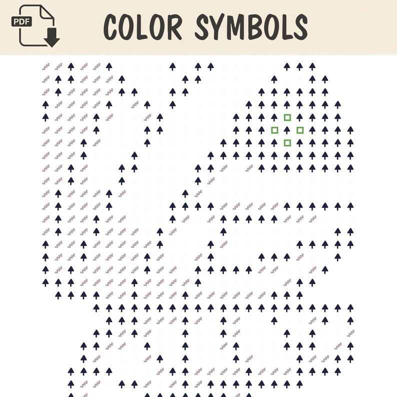May include: A digital PDF document titled COLOR SYMBOLS featuring a grid pattern. The design consists of dark blue arrow icons and light gray wavy line symbols arranged to form a shape, with four small green square outlines near the top right.