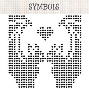 Puede incluir: Un patr&oacute;n de punto de cruz titulado SYMBOLS sobre una cuadr&iacute;cula en blanco y negro. El dise&ntilde;o muestra dos manos ahuecadas, formadas por peque&ntilde;os iconos de corazones negros, con un coraz&oacute;n m&aacute;s grande situado entre las palmas.