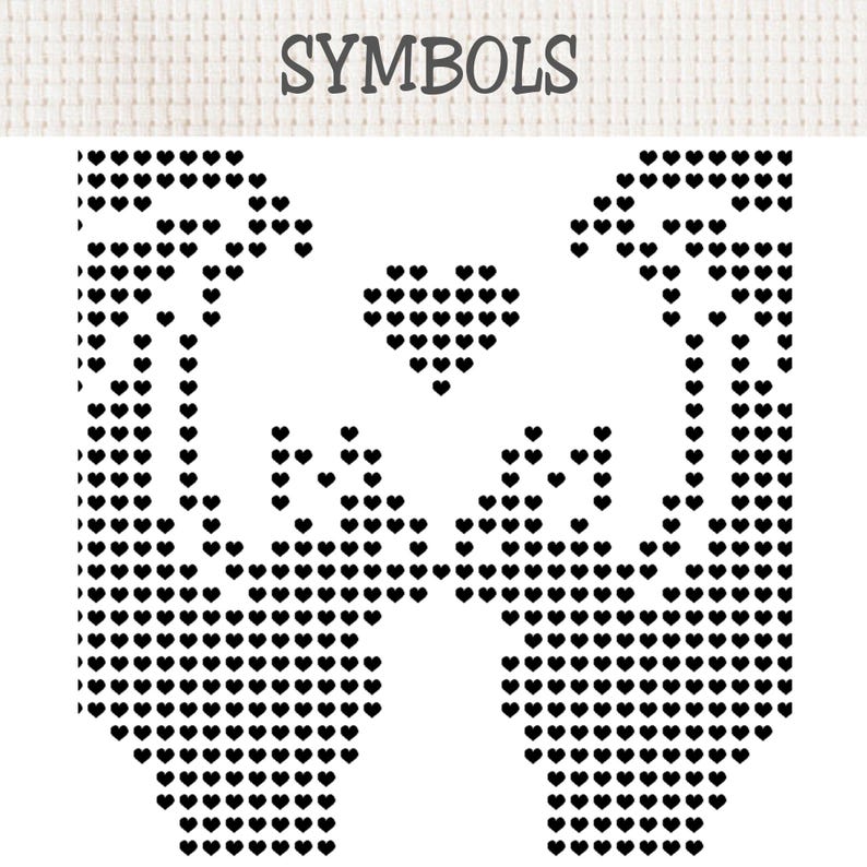 Puede incluir: Un patr&oacute;n de punto de cruz titulado SYMBOLS sobre una cuadr&iacute;cula en blanco y negro. El dise&ntilde;o muestra dos manos ahuecadas, formadas por peque&ntilde;os iconos de corazones negros, con un coraz&oacute;n m&aacute;s grande situado entre las palmas.