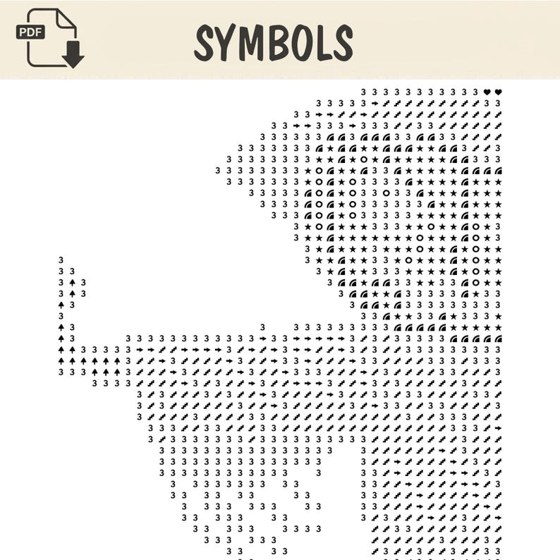 Puede incluir: Un diagrama de patr&oacute;n digital etiquetado como SYMBOLS que presenta una cuadr&iacute;cula de caracteres negros que incluyen el n&uacute;mero 3, flechas, estrellas, c&iacute;rculos y semic&iacute;rculos sobre un fondo blanco. Dise&ntilde;ado para proyectos de punto de cruz.