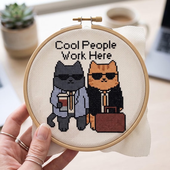 Cool People Work Here Cross Stitch Pattern, Funny Office Cat Needlepoint, Digital Download PDF
