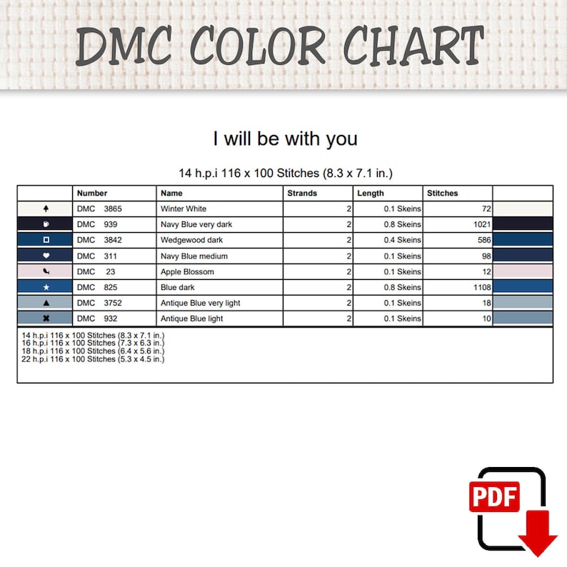 May include: A DMC colour chart for a cross-stitch pattern titled I will be with you. The table lists thread numbers, names, strand counts, lengths in skeins, and stitch counts for colours including Winter White, Navy Blue, and Antique Blue.