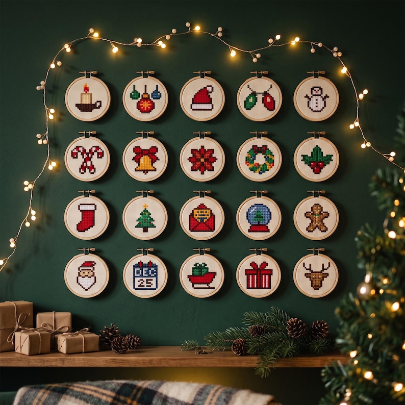 Pode incluir: Vinte bastidores de bordado circulares de madeira dispostos numa grelha, cada um contendo um design de ponto cruz em estilo pixel-art de &iacute;cones de Natal, incluindo uma vela, ornamentos, gorro de Pai Natal, boneco de neve e &aacute;rvore.