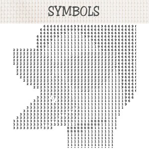 Puede incluir: Un patr&oacute;n de punto de cruz sobre tela blanca con la palabra SYMBOLS impresa en la parte superior. El dise&ntilde;o presenta una cuadr&iacute;cula de n&uacute;meros negros que incluyen 1, 2, 3, 6, 7, 8 y 9 dispuestos en una forma espec&iacute;fica para guiar el bordado.
