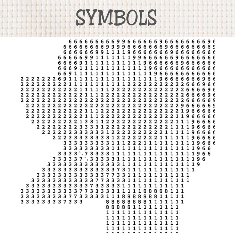 Puede incluir: Un patr&oacute;n de punto de cruz sobre tela blanca con la palabra SYMBOLS impresa en la parte superior. El dise&ntilde;o presenta una cuadr&iacute;cula de n&uacute;meros negros que incluyen 1, 2, 3, 6, 7, 8 y 9 dispuestos en una forma espec&iacute;fica para guiar el bordado.
