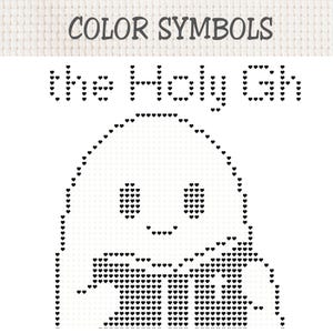 May include: A cross-stitch pattern chart featuring the text COLOR SYMBOLS at the top, followed by the text the Holy Gh, and a ghost-like figure constructed from small black heart icons on a white grid background for embroidery projects.