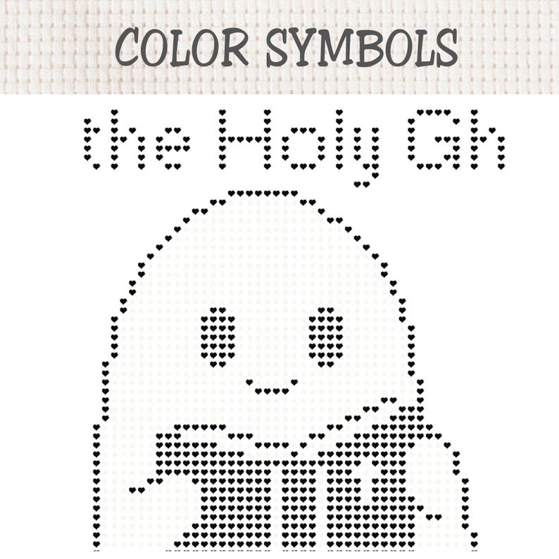 May include: A cross-stitch pattern chart featuring the text COLOR SYMBOLS at the top, followed by the text the Holy Gh, and a ghost-like figure constructed from small black heart icons on a white grid background for embroidery projects.