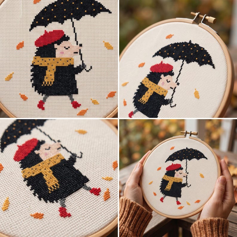 May include: A circular wooden embroidery hoop containing a cross-stitch design of a hedgehog wearing a red beret, a yellow scarf, and red boots. The hedgehog holds a black umbrella with yellow dots, surrounded by scattered orange and yellow leaves.