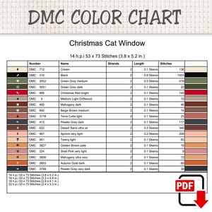 K&ouml;nnte beinhalten: Eine DMC-Farbkarte f&uuml;r ein Kreuzstichmuster Christmas Cat Window. Die Tabelle listet Garnnummern, Namen und Stichzahlen auf. Sie gibt 14 h.p.i. 53 x 73 Stiche an, was 9,7 x 13,2 cm entspricht. Ein PDF-Symbol ist unten rechts zu sehen.