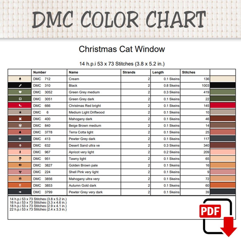 K&ouml;nnte beinhalten: Eine DMC-Farbkarte f&uuml;r ein Kreuzstichmuster Christmas Cat Window. Die Tabelle listet Garnnummern, Namen und Stichzahlen auf. Sie gibt 14 h.p.i. 53 x 73 Stiche an, was 9,7 x 13,2 cm entspricht. Ein PDF-Symbol ist unten rechts zu sehen.
