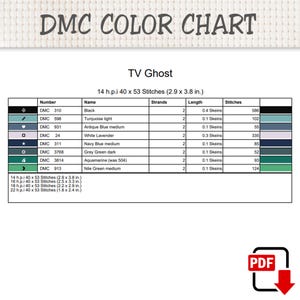 K&ouml;nnte beinhalten: Eine DMC-Farbkarte f&uuml;r ein Kreuzstichmuster mit dem Titel TV Ghost. Die Tabelle listet Garnnummern, Namen, Stranganzahl, Strangl&auml;ngen und Stichanzahl f&uuml;r Farben wie Schwarz, T&uuml;rkis, Blau, Lavendel, Grau und Gr&uuml;n auf.