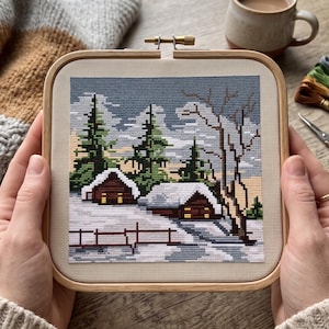 Korsstygnsmönster för vinter, snöig tallskog, digital PDF-nedladdning, naturlandskap xStitch bild 1