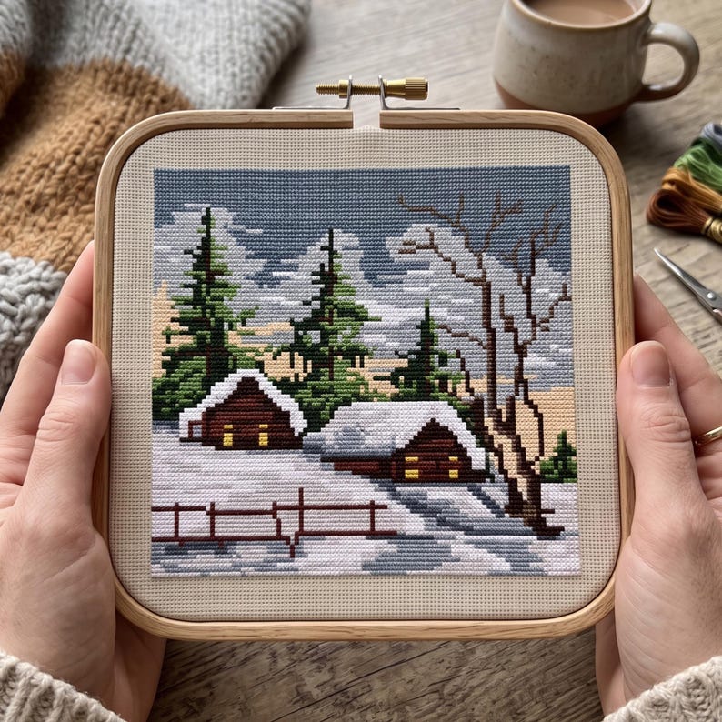 Korsstygnsmönster för vinter, snöig tallskog, digital PDF-nedladdning, naturlandskap xStitch bild 1