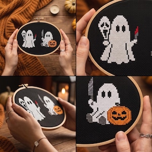 Korsstygnsmönster med spöke och blodig kniv, spökmask, Jack O'Lantern-nålstygn, direktnedladdning bild 2