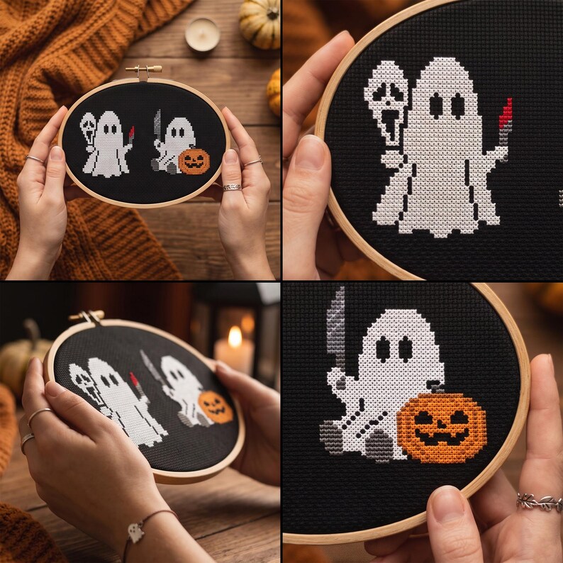 Korsstygnsmönster med spöke och blodig kniv, spökmask, Jack O'Lantern-nålstygn, direktnedladdning bild 2