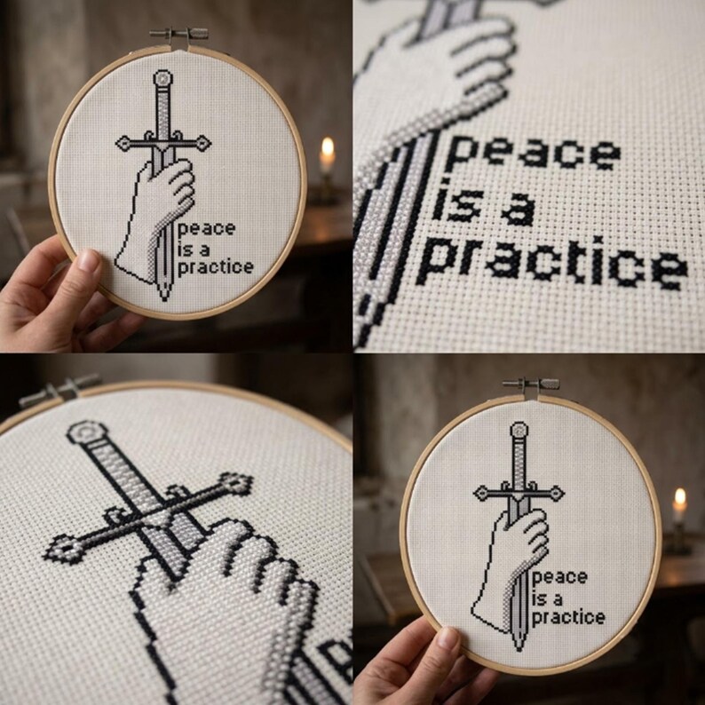 K&ouml;nnte beinhalten: Ein runder Holzstickrahmen mit wei&szlig;em Stoff und einem schwarzen Kreuzstichmotiv einer Hand, die ein Schwert h&auml;lt. Der Text "peace is a practice" ist in schwarzen Buchstaben neben dem Schwert gestickt. Das Design besteht aus Pixelmustern.