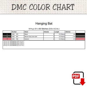 May include: A DMC color chart for a Hanging Bat cross-stitch pattern. The table lists DMC 310 Black, 844 Beaver Grey ultra dark, and 760 Salmon with strand counts, skein lengths, and stitch counts. Dimensions for 14, 16, 18, and 22 h.p.i are provided.