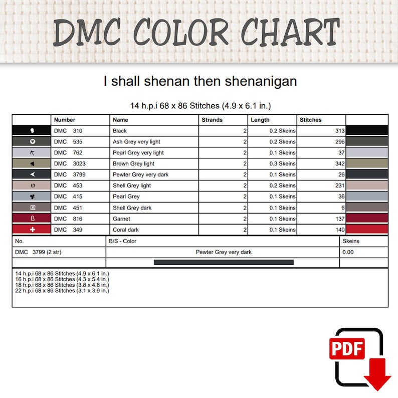 Pu&ograve; includere: Una tabella colori DMC per uno schema a punto croce intitolato I shall shenan then shenanigan. La tabella elenca i numeri dei fili, i nomi, il numero di capi, le lunghezze delle matassine e il numero di punti per colori come nero e grigio.