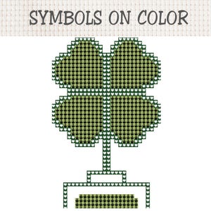 May include: A cross-stitch pattern featuring a four-leaf clover shape filled with small black coffee cup icons on a light green background. The border consists of white heart outlines on a dark green grid. The text SYMBOLS ON COLOR is at the top.