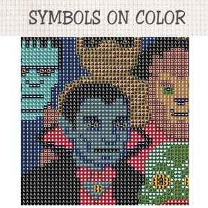 以下が含まれることがあります： SYMBOLS ON COLORと題されたクロスステッチのパターンチャート。様々な記号と色で埋め尽くされた正方形のグリッドが特徴です。青い肌、赤い襟、黒いコートを身にまとった中央の人物と、その周囲に配置された他の人物が描かれています。