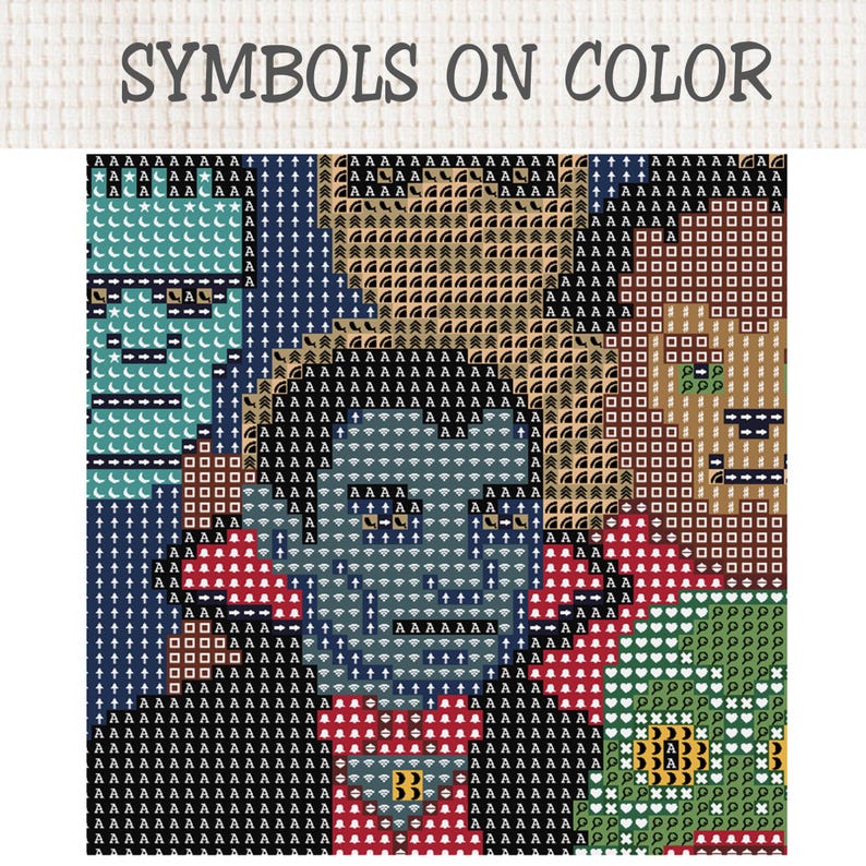 以下が含まれることがあります： SYMBOLS ON COLORと題されたクロスステッチのパターンチャート。様々な記号と色で埋め尽くされた正方形のグリッドが特徴です。青い肌、赤い襟、黒いコートを身にまとった中央の人物と、その周囲に配置された他の人物が描かれています。