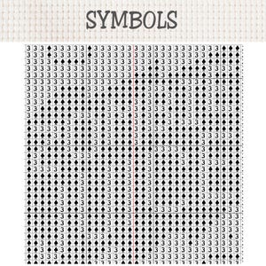 K&ouml;nnte beinhalten: Ein Kreuzstich-Musterschema mit der &Uuml;berschrift SYMBOLS am oberen Rand, das ein Gitter aus schwarzen Pik-Symbolen und der Zahl 3 in einer sich wiederholenden Abfolge zeigt. Das Design liegt auf einem wei&szlig;en Stoffhintergrund.