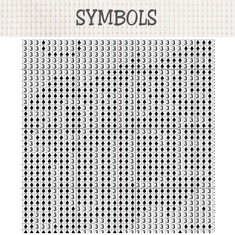 K&ouml;nnte beinhalten: Ein Kreuzstich-Musterschema mit der &Uuml;berschrift SYMBOLS am oberen Rand, das ein Gitter aus schwarzen Pik-Symbolen und der Zahl 3 in einer sich wiederholenden Abfolge zeigt. Das Design liegt auf einem wei&szlig;en Stoffhintergrund.