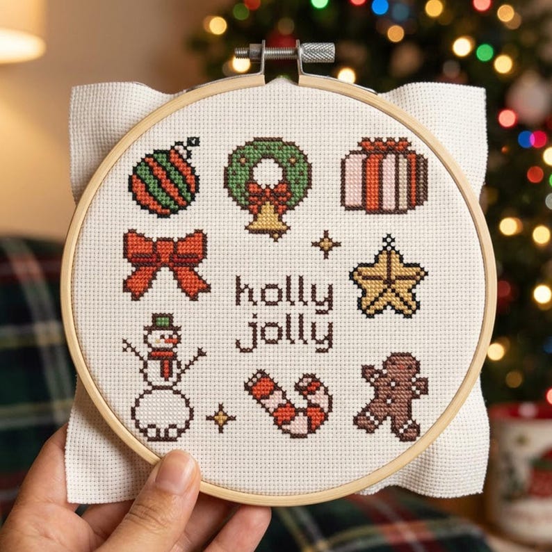 May include: A round wooden embroidery hoop containing white Aida fabric with a cross-stitch pattern of Christmas icons including a wreath, snowman, gingerbread man, and gift. The text "holly jolly" is stitched in the center in dark brown thread.