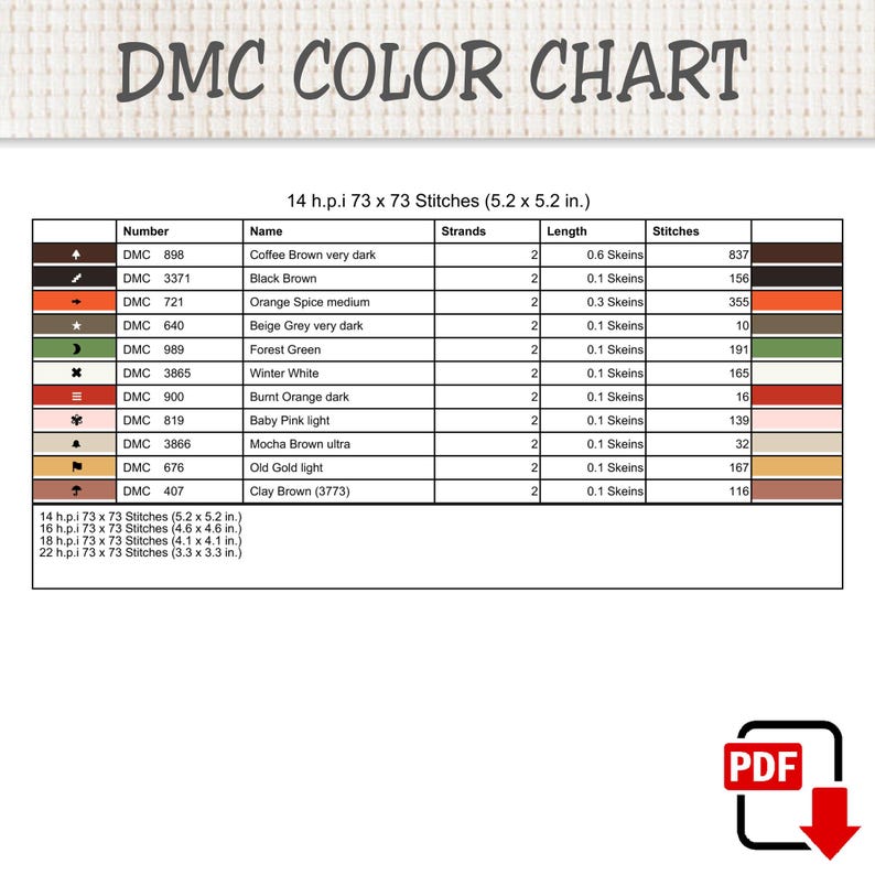 May include: A DMC color chart for cross-stitch featuring a table with columns for symbol, number, name, strands, length in skeins, and stitch count. The chart lists ten thread colors including coffee brown, black brown, orange spice, and clay brown.
