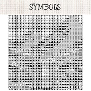 Pu&ograve; includere: Uno schema per punto croce con il titolo SYMBOLS in alto, caratterizzato da una fitta griglia di icone nere su sfondo bianco. La griglia contiene simboli ripetuti tra cui cuori, quadrati, triangoli, linee orizzontali e tazze da caff&egrave;.
