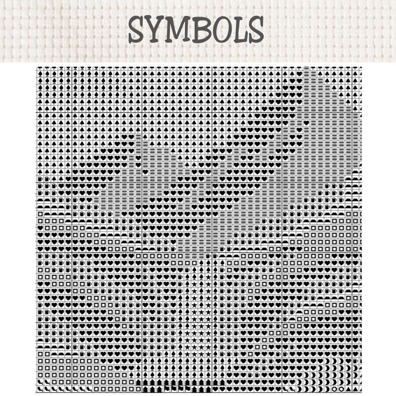 Pu&ograve; includere: Uno schema per punto croce con il titolo SYMBOLS in alto, caratterizzato da una fitta griglia di icone nere su sfondo bianco. La griglia contiene simboli ripetuti tra cui cuori, quadrati, triangoli, linee orizzontali e tazze da caff&egrave;.
