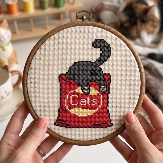 Black Cat in Snack Bag Cross Stitch Pattern, Funny Cat Chart, Cute Animal Needlepoint, Digital Download PDF