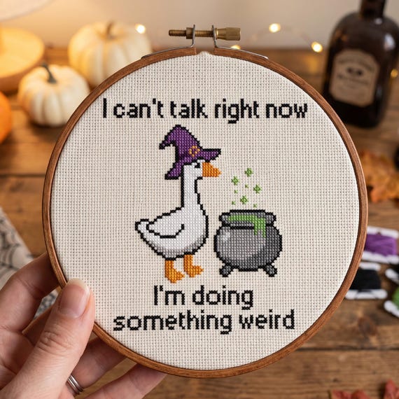 I Can't Talk Right Now I'm Doing Something Weird Cross Stitch Pattern, Witch Goose Cauldron Needlepoint Chart, Instant Download PDF