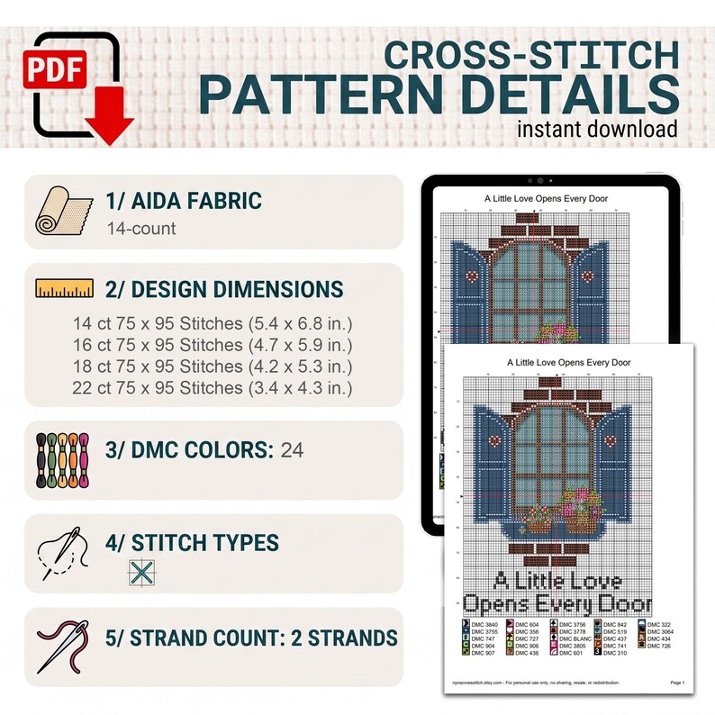 Peut inclure: Un mod&egrave;le de point de croix num&eacute;rique intitul&eacute; A Little Love Opens Every Door, illustrant une fen&ecirc;tre avec 24 couleurs DMC. Les d&eacute;tails incluent une toile Aida 14, deux brins de fil et des dimensions variant de 13,7 x 17,3 cm &agrave; 8,6 x 10,9 cm.