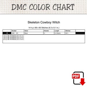 K&ouml;nnte beinhalten: Eine DMC-Farbkarte f&uuml;r ein Kreuzstichmuster Skeleton Cowboy Witch. Die Tabelle listet schwarzes DMC 310 Garn, 2 F&auml;den, 2,2 Str&auml;nge und 2911 Stiche auf. Sie enth&auml;lt Ma&szlig;e f&uuml;r 14, 16, 18 und 22 h.p.i. von 16,0 x 15,5 cm bis 10,2 x 9,9 cm.