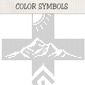 Peut inclure: Un diagramme de point de croix intitul&eacute; COLOR SYMBOLS pr&eacute;sentant une grille du chiffre 5 dispos&eacute; en forme de croix. Le motif est imprim&eacute; sur un fond en tissu blanc avec une texture tiss&eacute;e visible, offrant un guide clair pour la broderie.